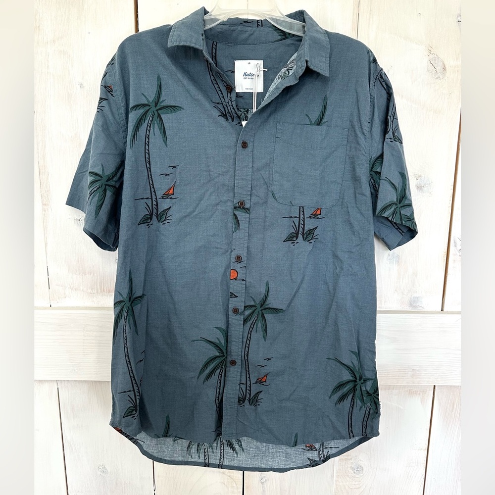 Katin Schooner Short Sleeve Button Down Baltic Blue Palm Tree Men Size Large NWT